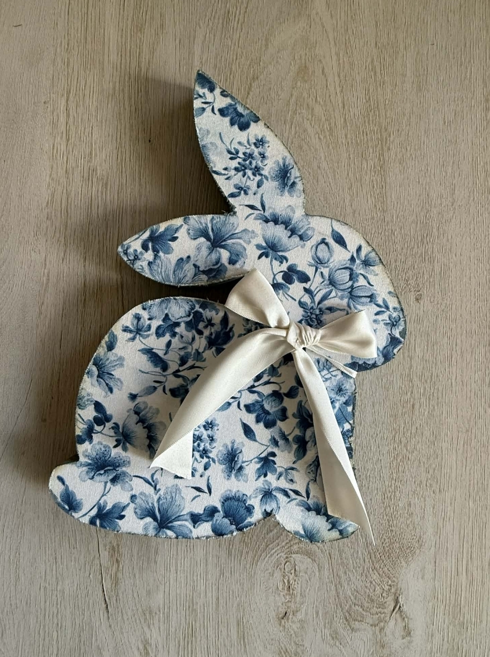Handmade Blue Fabric Bunny Décor with Cream Bow